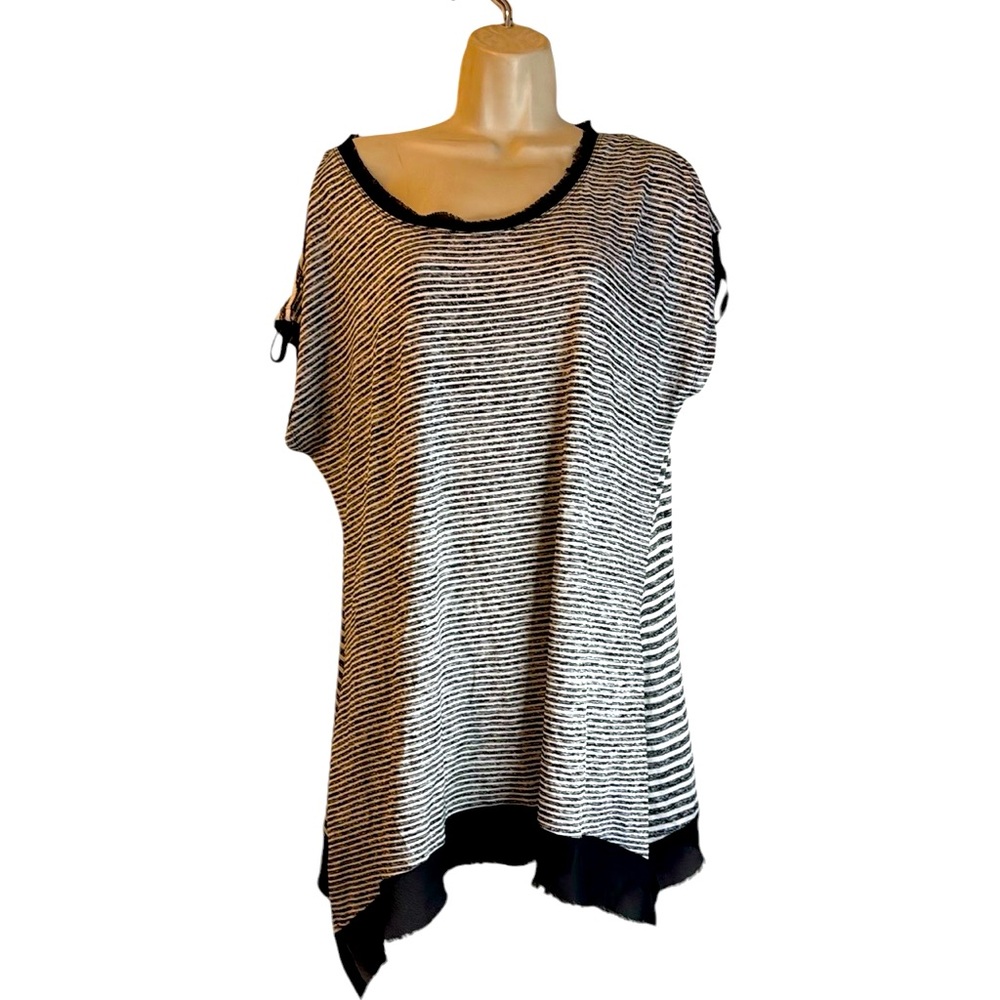 Patrizia Luca Black/White Oversized Striped Top Frayed Lace Neckline & Hem Sz XL